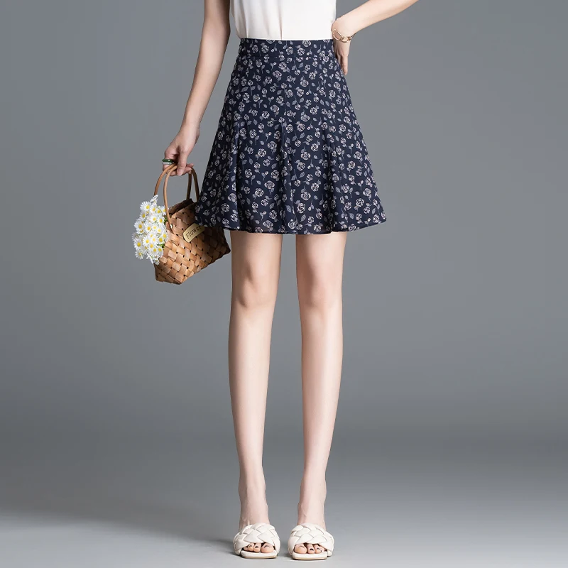 

Летняя женская юбка А-силуэта с высокой талией, цветочным принтом, плиссированная, универсальная, больших размеров