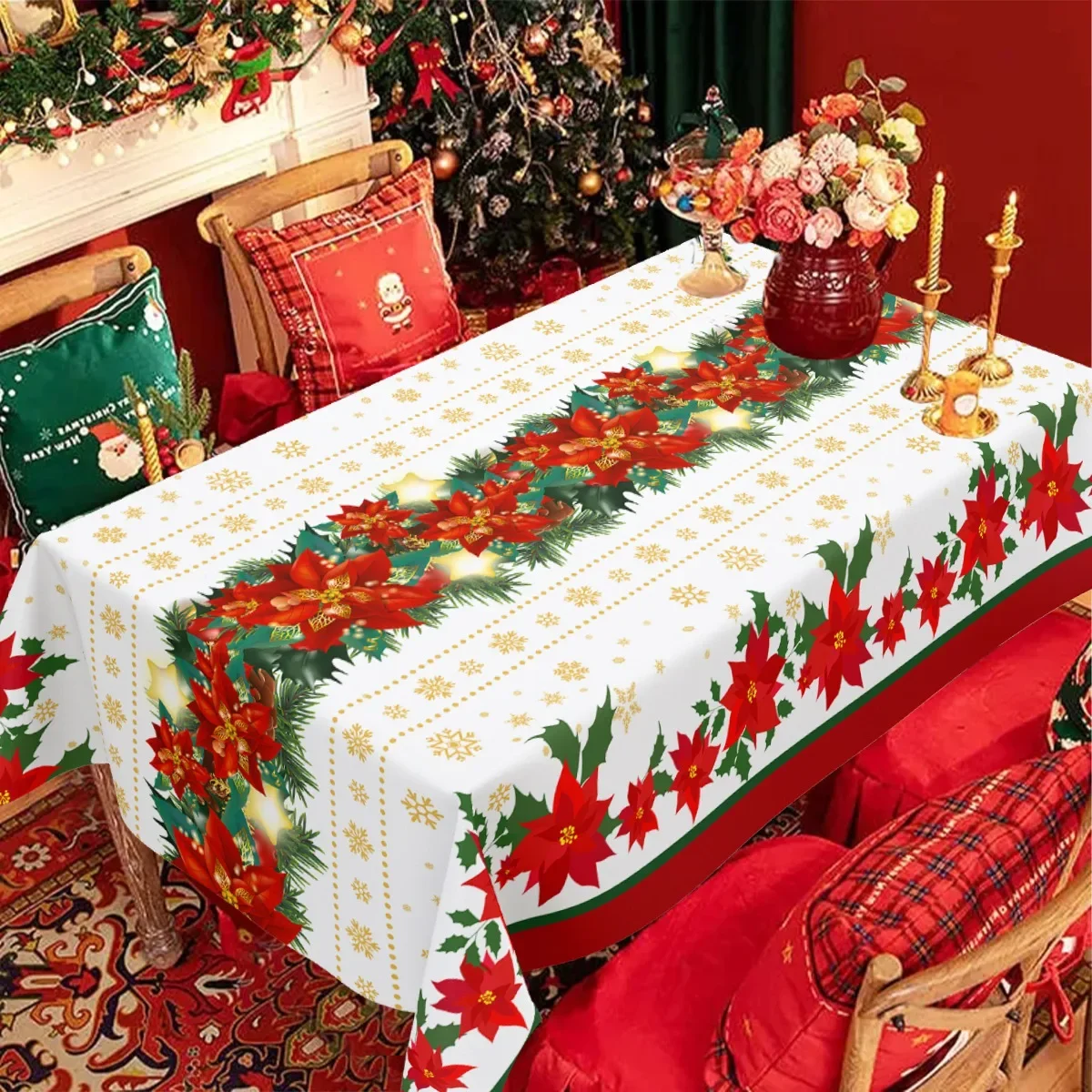 Christmas Tablecloth Holly Xmas Flower Table Cover Christmas Decorations for Home Deco 2024 Navidad Noel Gift Dining Table Decor