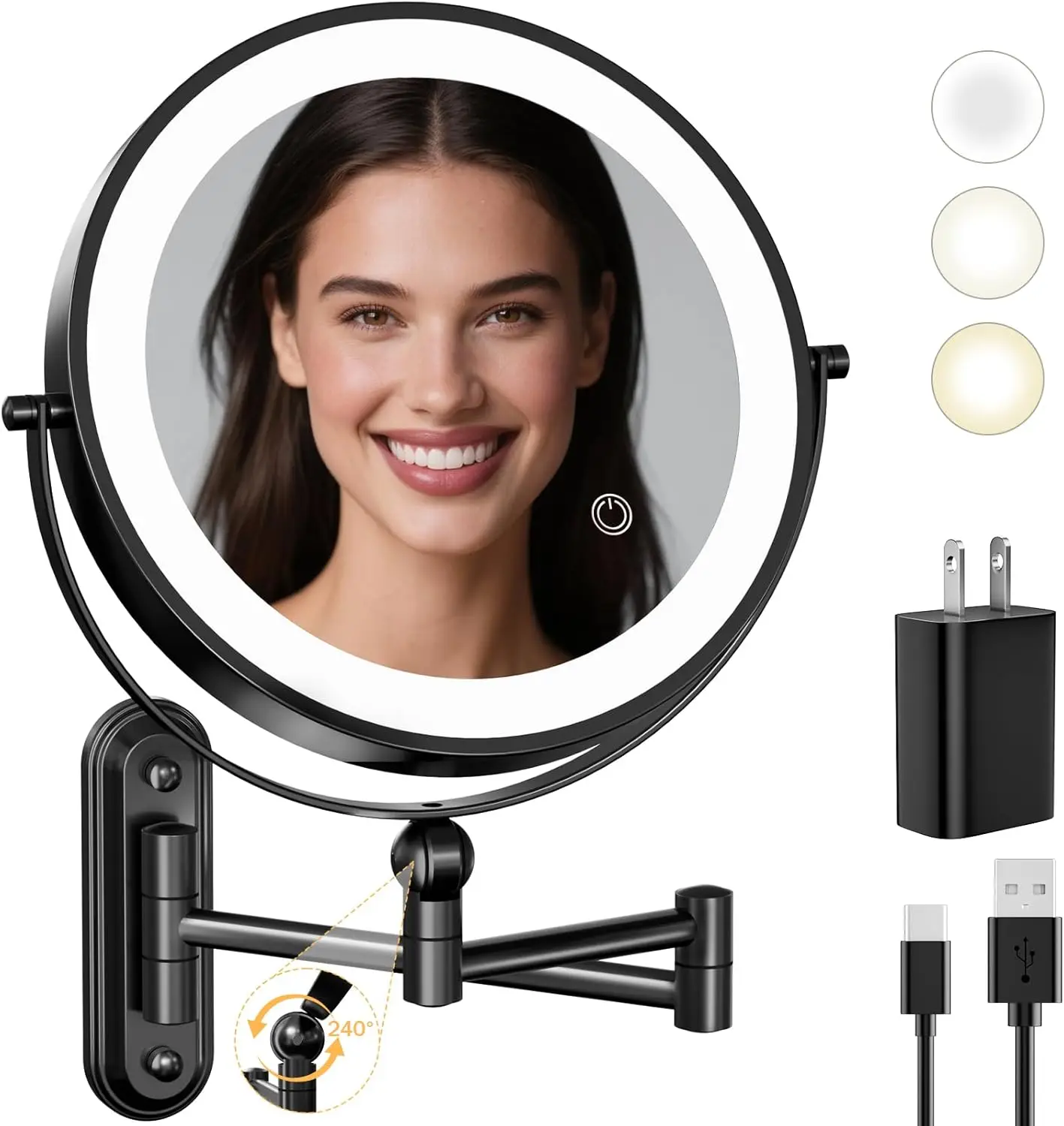 

9-Inch Large Makeup Mirror, Rechargeable Wall Mounted Vanity Mirror with Lights, Dimmable LED Touch Screen & Retractable Arm