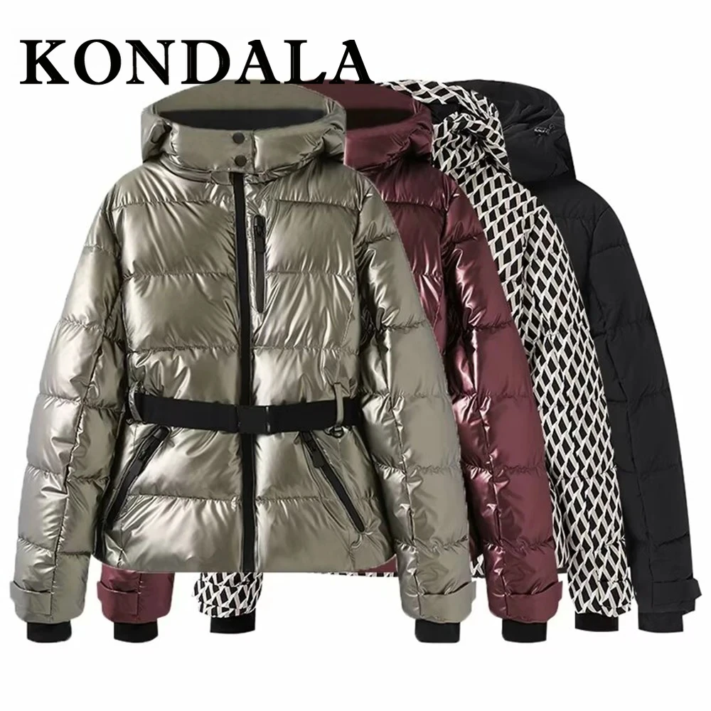 KONDALA Chic 2025 Winter Women Ski Series Coats Zipper Turtleneck Sashes Cotton Coat Loose Long Warm Thick Female Outwears