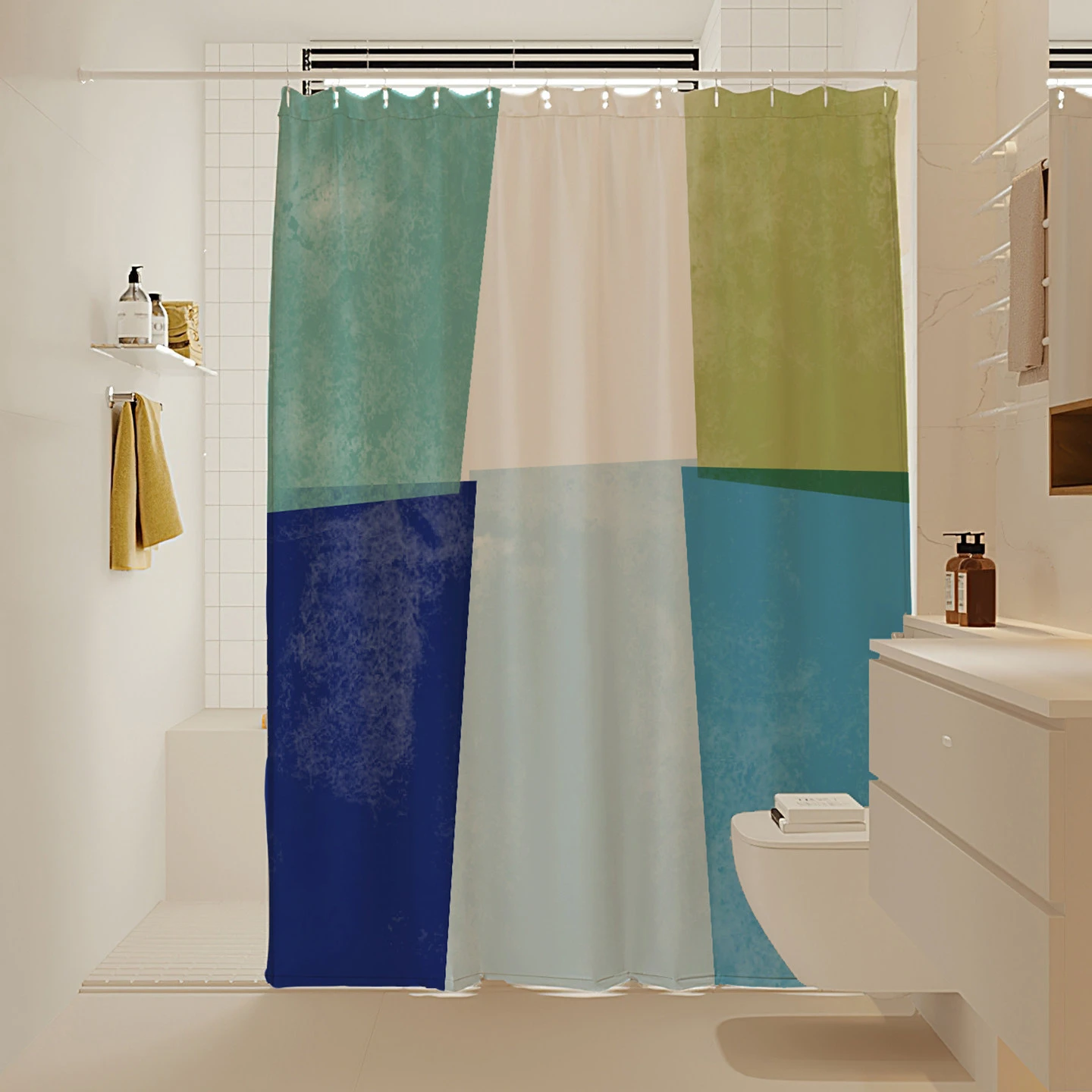 Green Blue Color Blocked Bathroom Curtain Waterproof Mildew proof Hanging Shower Blocking Curtain Partition Decoration