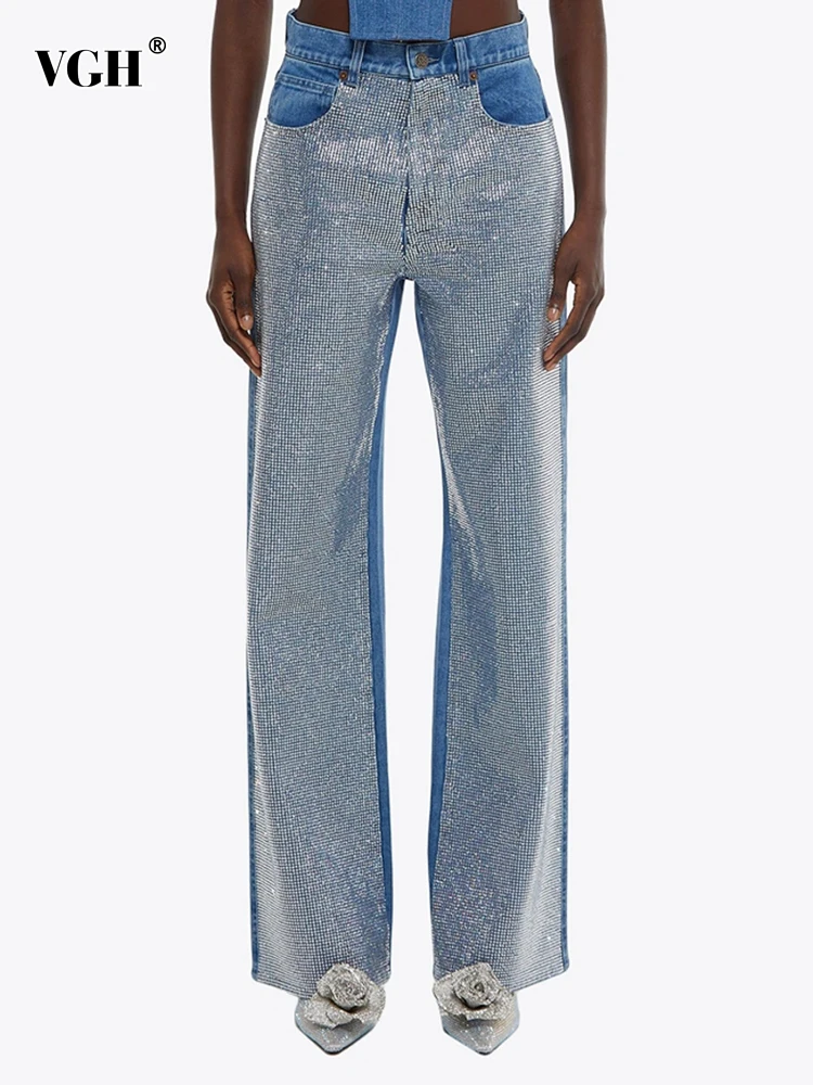 

VGH Solid Streetwear Loose Jeans For Women High Waist Patchwork Diamonds Casual Denim Wide Leg Pants Female Fashion Clothing New