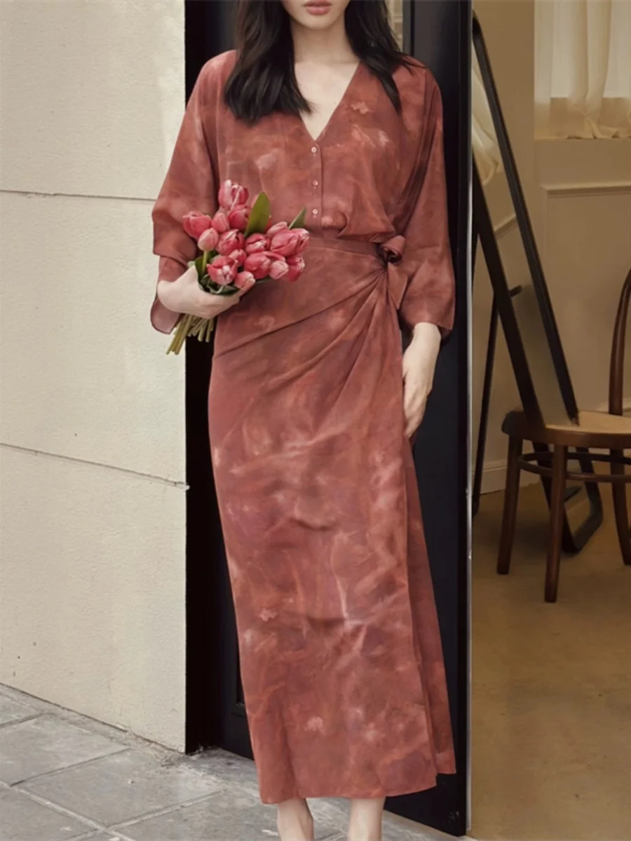 

Retro Style Gradient Brick Red Silk Wrap Dress with Cross Tie Design Spring Summer Long Skirt V Neck H Type Silhouette Women'...
