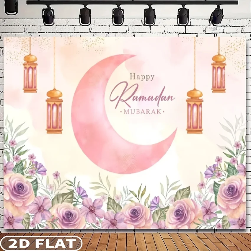 2D PLANO 1 peça elegante rosa floral "Feliz Ramadan" Eid Mubarak Studio Adereços - 39,37x59.06 polegadas e 59.06x82.68 polegadas faixa de poliéster