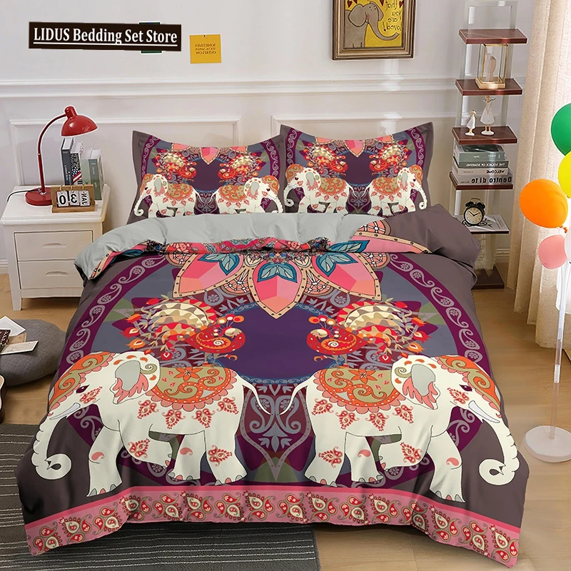 

Bohemian Elephant Bedding Sets Queen King Size Colorful 2/3Pcs Duvet Cover Boho Psychedelic Indian Mandala Polyester Quilt Cover