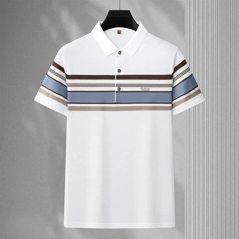 

Summer Lapel Striped Polo Shirt Men's 2024 New Office Formal Wear Versatile Business Casual Short Sleeve T-shirt