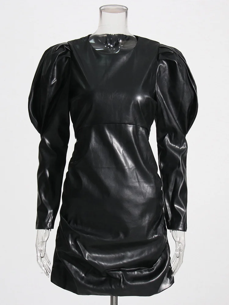 Leather Dresses For Women Round Neck Puff Sleeve High Waist Mini Patchwork Zipper Temperament Dress Female Autumn New