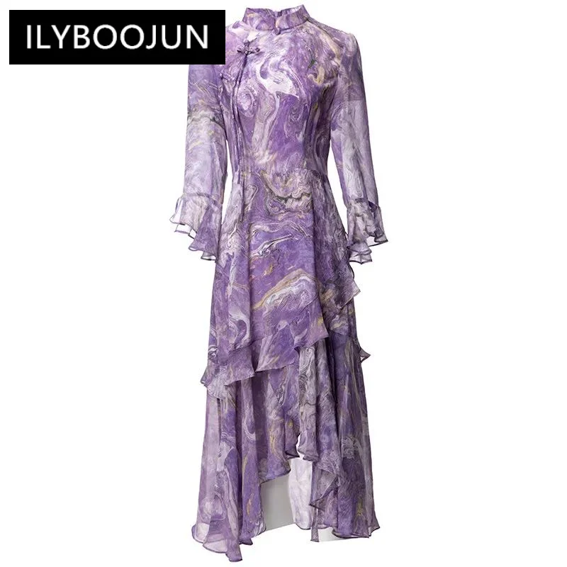 

ILYBOOJUN Fashion Women's New Chinese-Style Stand-Up Collar Flare Sleeved Vintage Flounced Edge Printed Irregular MIDI Dress