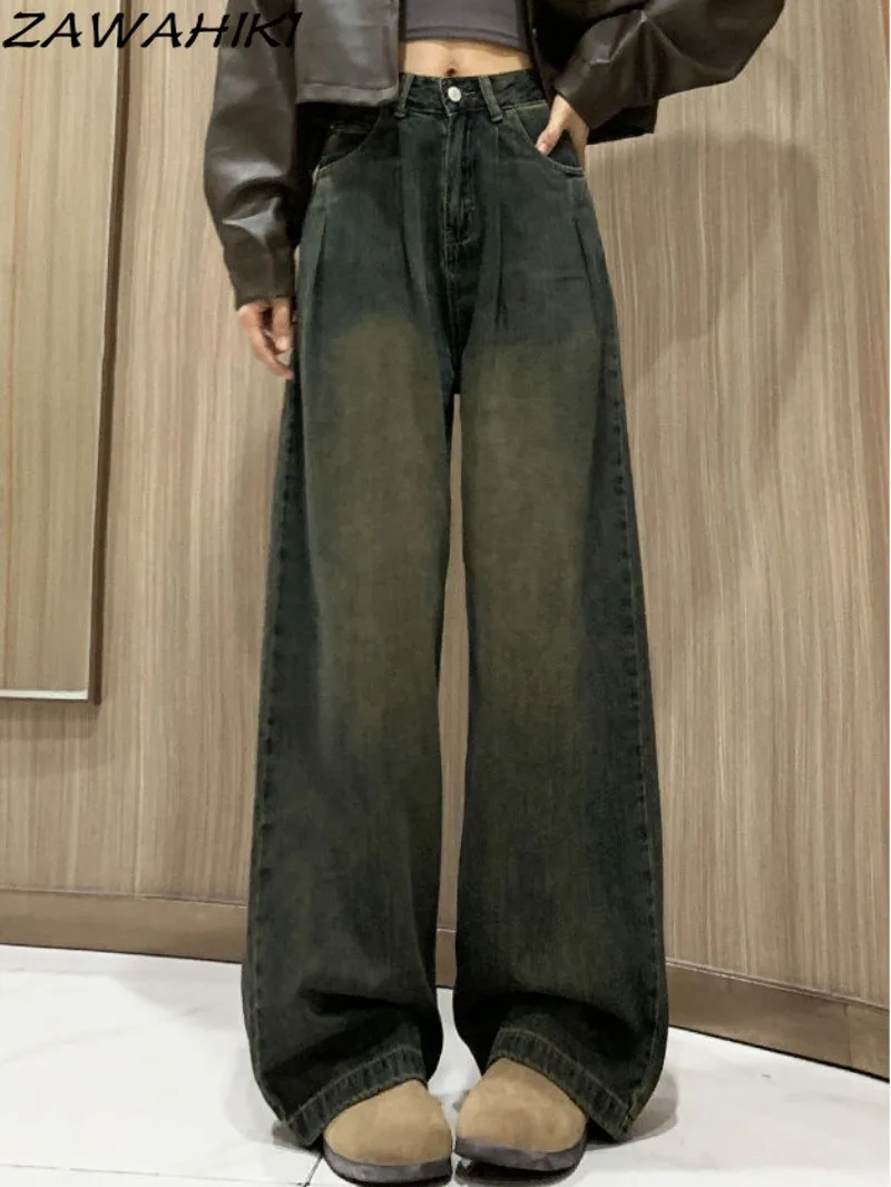 

Vintage Solid Color Wide Leg Fall Winter High Waist Jeans Women Loose Pleated Distressed Wide Leg Casual Y2K Kpop Denim Pants