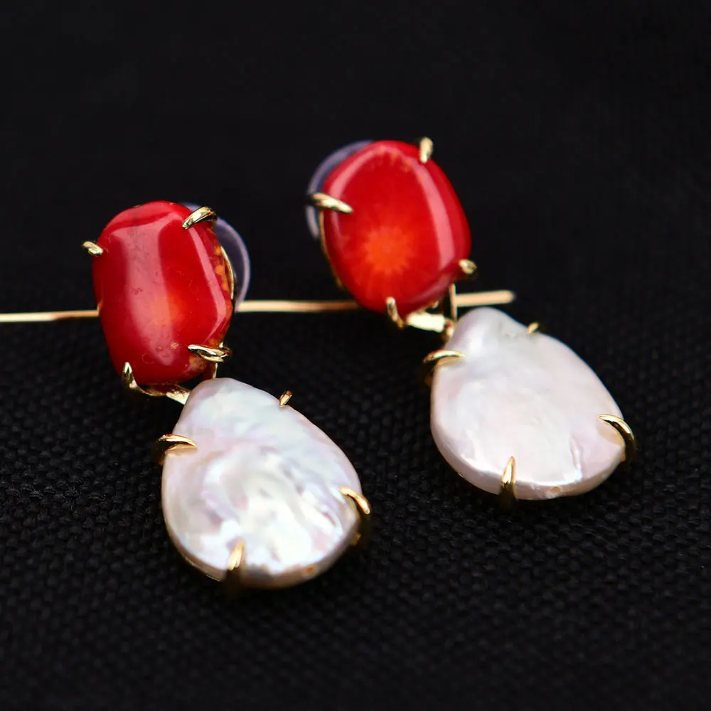 GG عملة بيضاء مثقفة كيشي لؤلؤة مطلية بالذهب المرجان الأحمر أقراط متدلية هدايا مجوهرات الحفلات