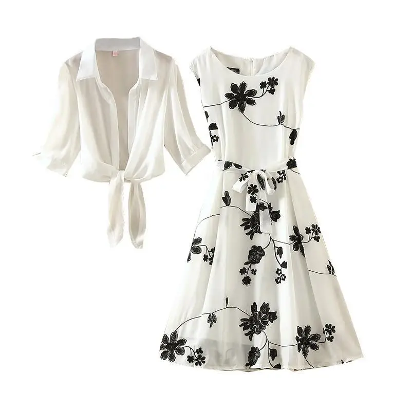 New Elegant Suit Two-piece Dress High Waist Sleeveless Slim A-line Skirt Floral Embroidery White Top Bow Belt Vintage  WOMEN