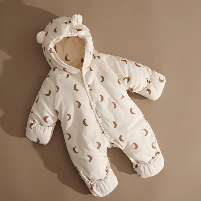 Baby Rompers Winter Outfits Thickened Cotton Jumpsuit with Foot Cover for Newborns Warm Fleece Lined Snowsuit for -5°C To 10°C