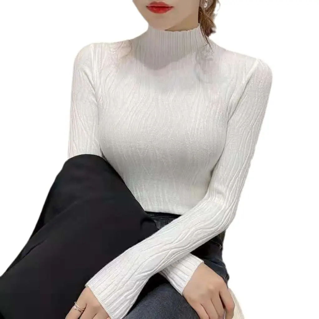 

Women's Autumn Winter Pleated Design Half Turtleneck Long-Sleeved Knitwear Ladylike Bottoming Top Versatile Simple Style
