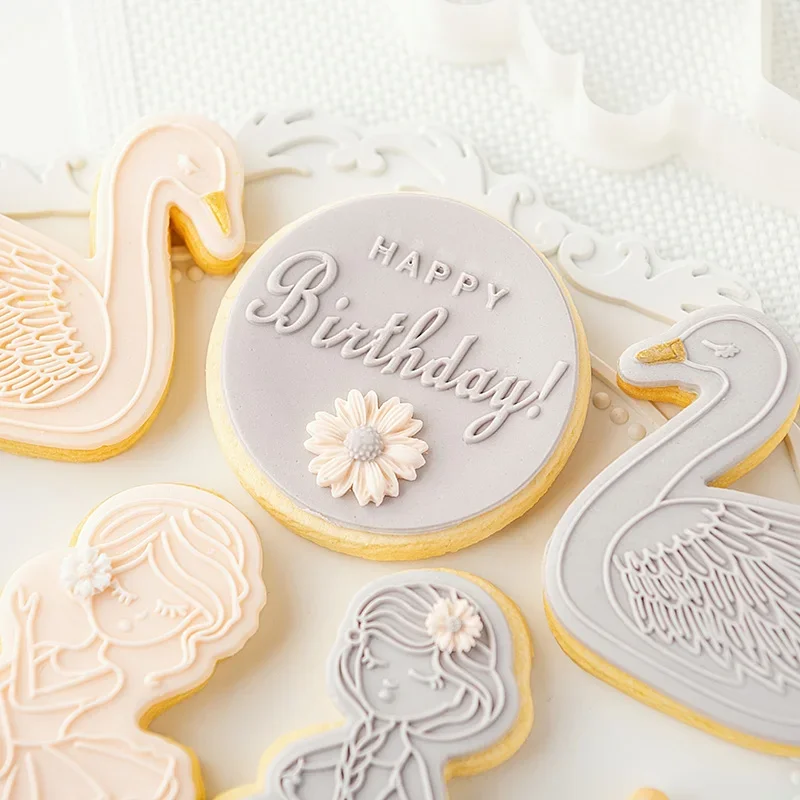 Ballet Girl Swan Fondant Cake Cookie Press Stamp Embosser Cutter Acrylic Happy Birthday Fondant Sugar Craft Cake DecorationTool