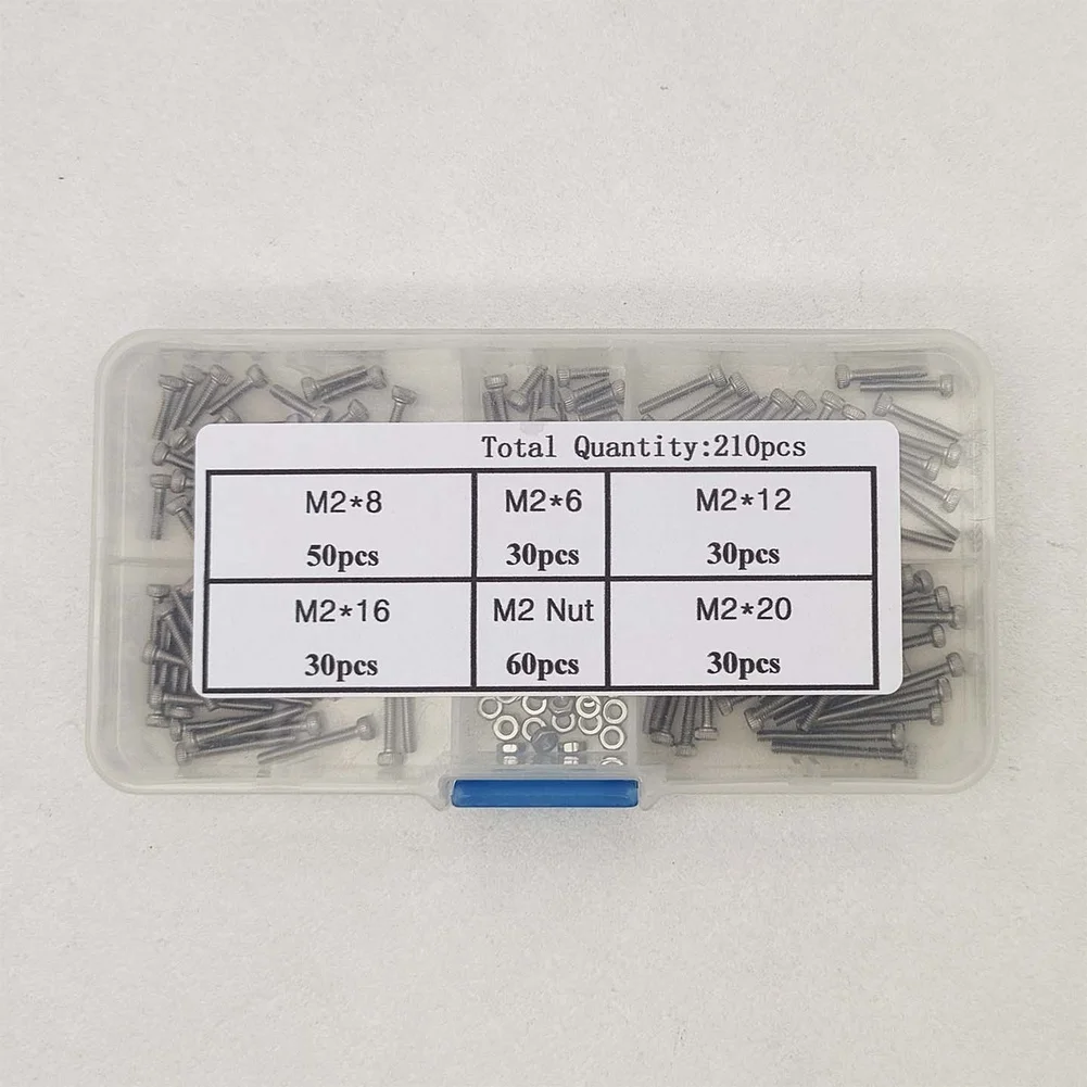 210 pcs SS304 Stainless Steel Cylindrical Head Hex Socket Screws M2x6/8/12/16/20 and M2 Nuts Fastener Collection