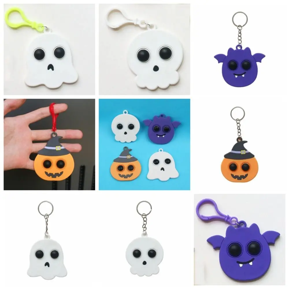 4Pack Kawaii Pop Halloween Pumpkin Skeleton Mini Keychain Sensory Fidget Toys Simple Dimple Key Ring Easter Party Favors Gifts