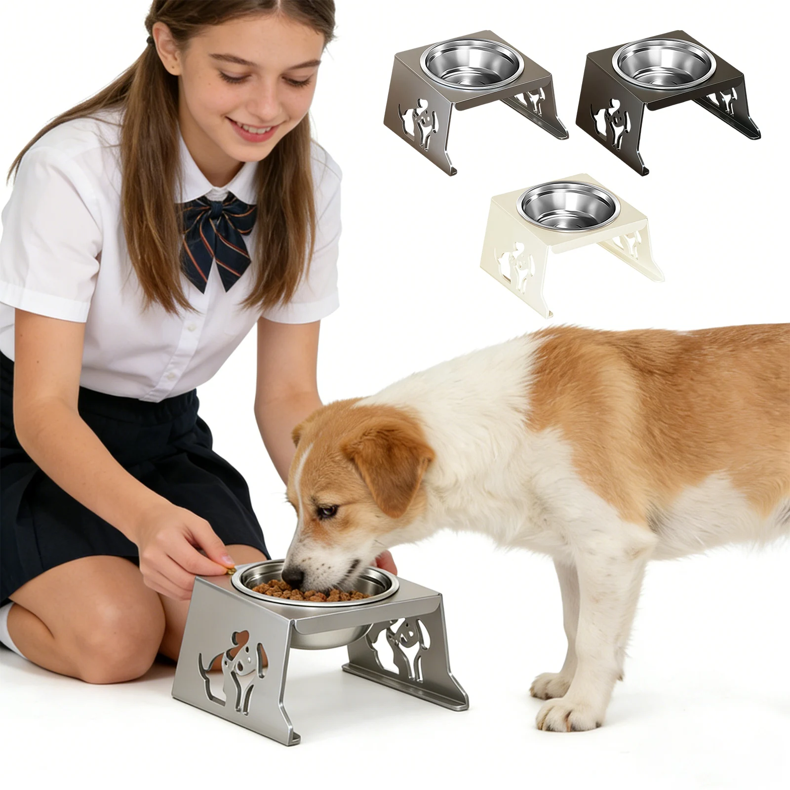 Foldable Cat Food Bowl Pet Food Bowl Stand with Cervical Spine Protection Pet Feeder with Stainless Bowl for Small Dogs