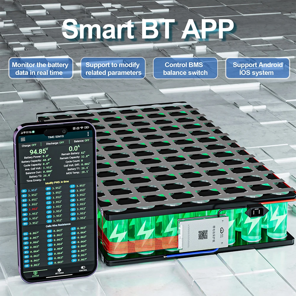 Smart JIKONG BMS B2A20S20P with 2A Active Balance for 8S~24S LiFePo4 Li-ion LTO Battery 200A Charge BT CAN RS485 Heat JKBMS