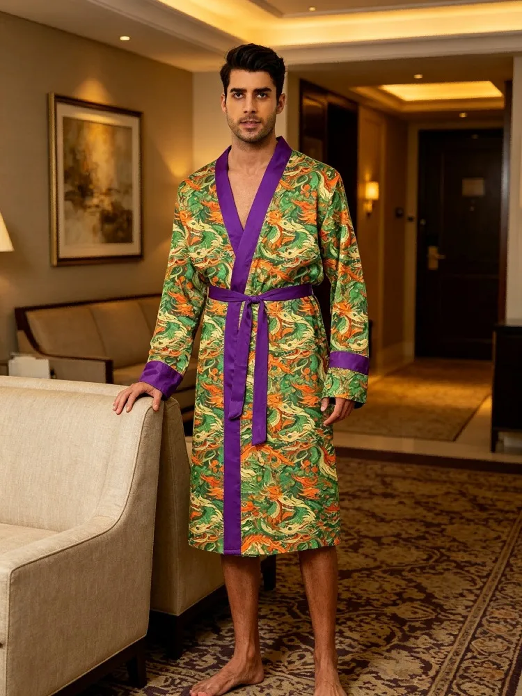 Men's lightweight quick-drying pajama bathrobe - 3D digital printing, non-fading design, stand-up collar and adjustable waistban