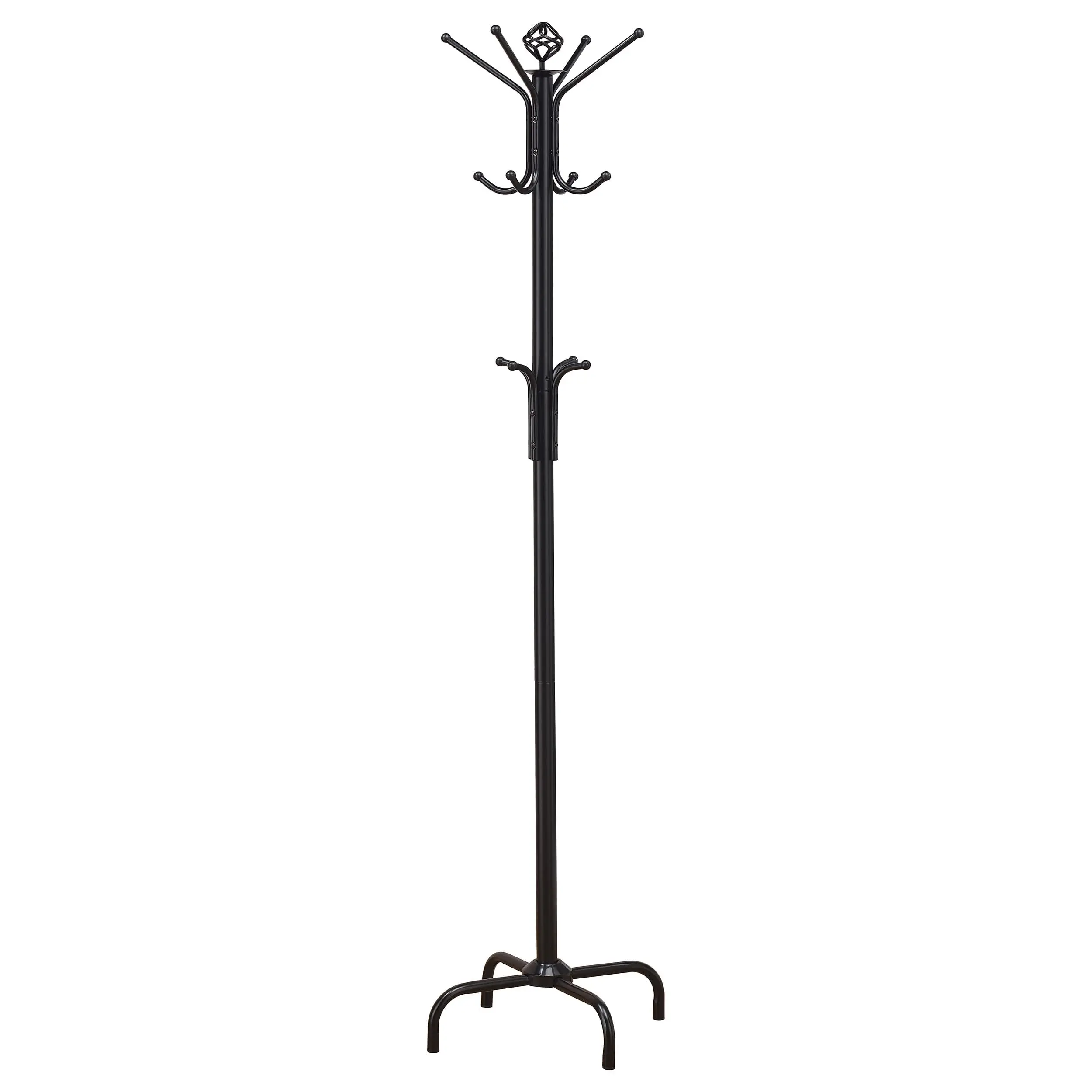 

12-Hook Black Metal Freestanding Coat Rack With Curved Hooks, Decorative Top Finial, And Stable 4-Leg Base, 73 Inches Tall