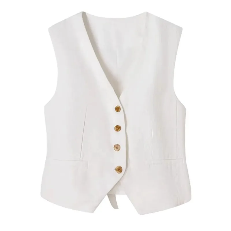 Women's Linen Vest Waistcoat Old Money Style V-Neck Button Sleeveless Casual Lightweight Summer Top
