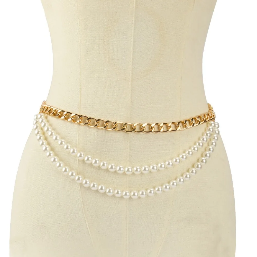 

Fashion Elegant Multilayer Pearl Belt Waist Accessory Versatile Pearl Waist Chains Boho Pearls Splicing Belt for Women