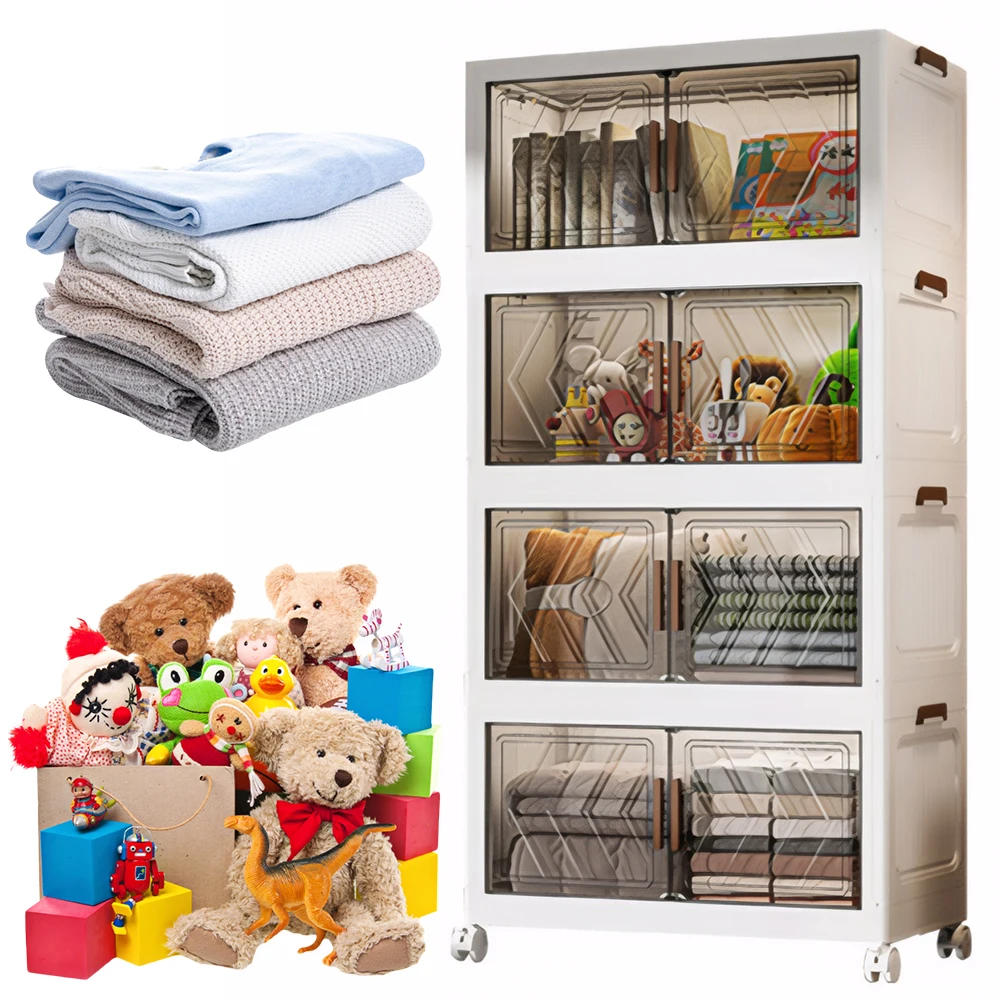4 Tier Plastic Storage Containers with Doors & Wheels Foldable Organization Plastic Storage Box for Living Room Bedroom Office