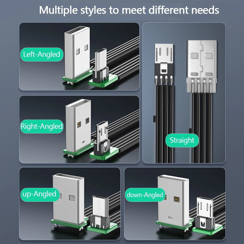 USB إلى مايكرو USB شقة سيليكون لينة كابل 90 درجة أندرويد بلوتوث سماعات بيانات الهاتف حتى أسفل اليسار اليمين الانحناء 0.1 متر-2 متر