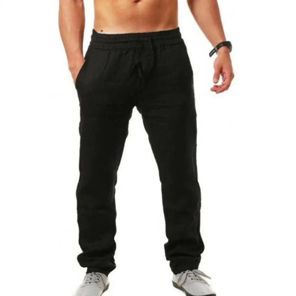 Men'S Cotton Linen Long Pants Summer Solid Color Breathable Linen Trousers Male Casual Elastic Waist Loose Pants Harajuku Trous
