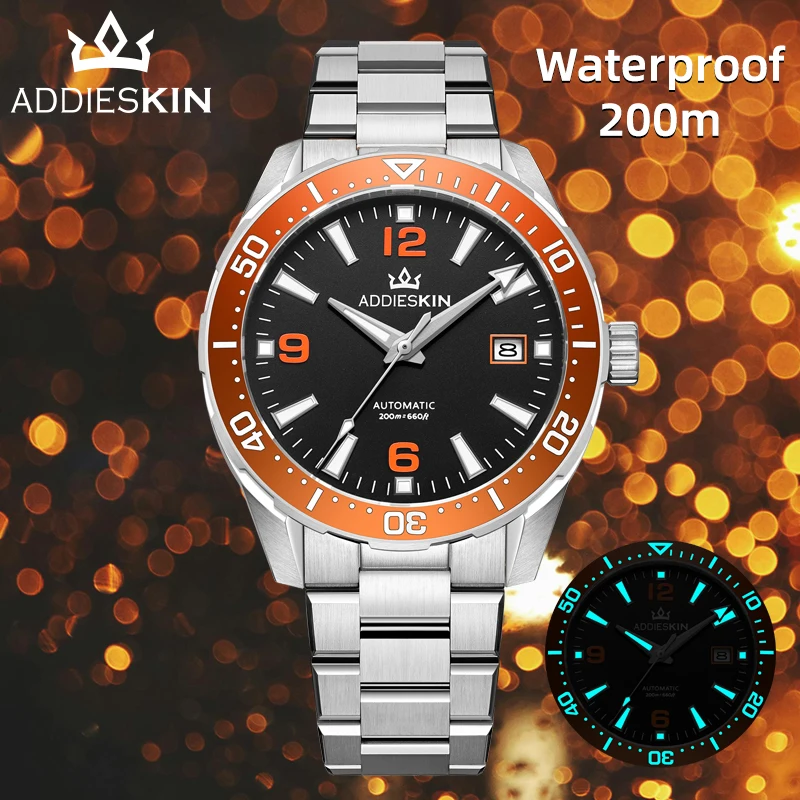 

ADDIESKIN K009 Роскошные автоматические механические часы для мужчин Miyota 9015 с сапфировым стеклом, водонепроницаемые до 200 м, из нержавеющей стали, с подсветкой BGW9