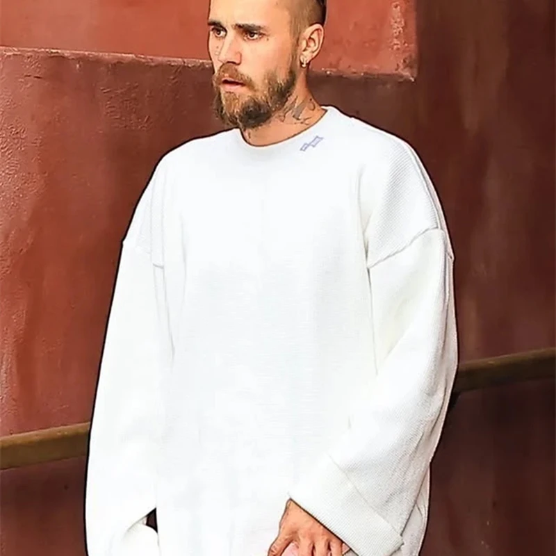 

Белая Джастин Бибер SKYLRK с вышивкой, вафельная санскритская футболка с длинными рукавами для мужчин и женщин, 2025fw, свободная футболка, футболки