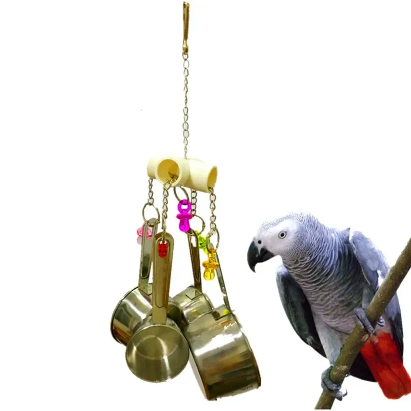 Durable Bird Parrots Pots Toys Pullable Stainless Steel Cup Toys for Mini Macaws African Greys Cockatoos Bird Parrots Pots Toys