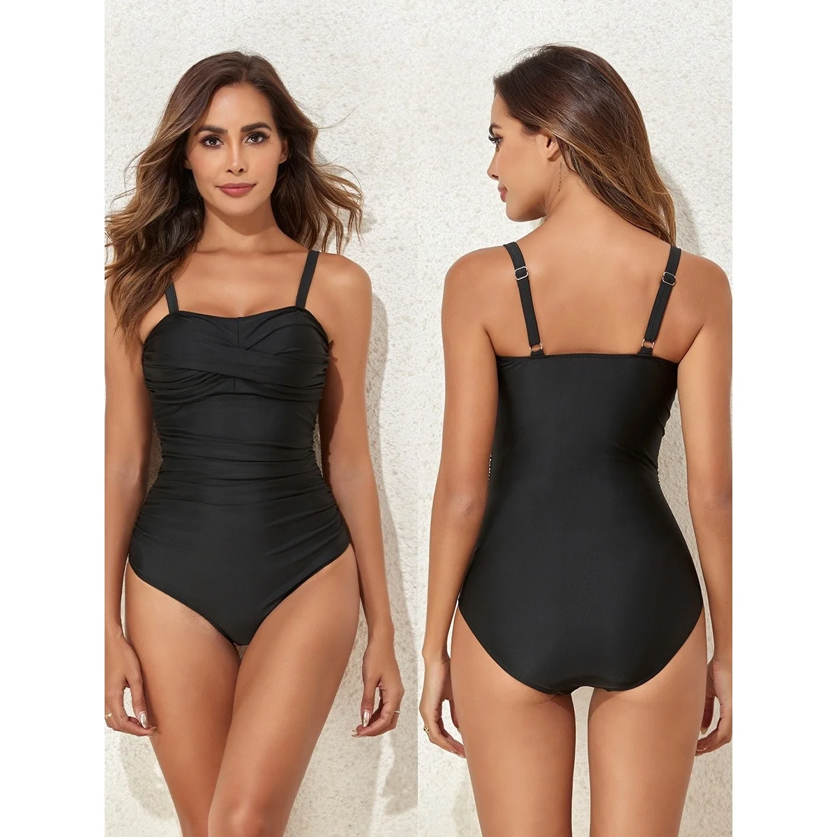 

Faionable One-Piece Swimsuit Slimming Concealing Bal Pure Color Women's Bathing Suit High Waist ort Pants Polyester