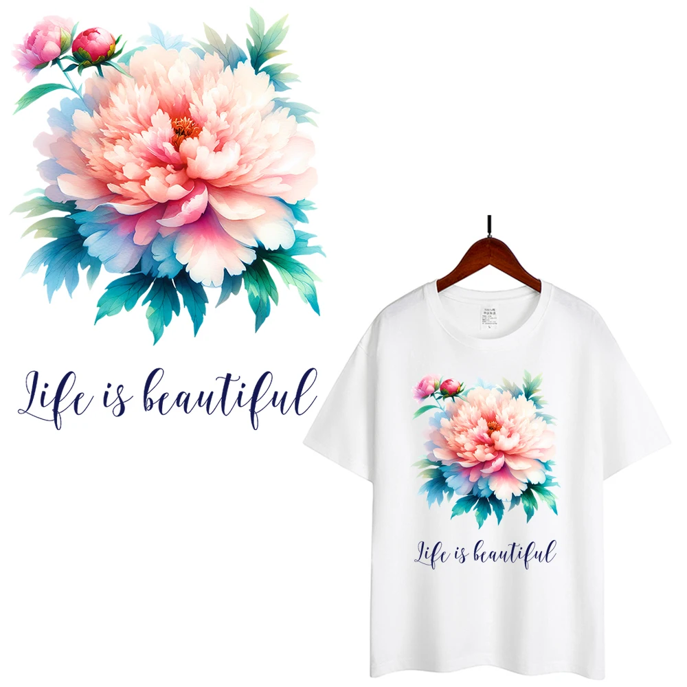 Chinese Ink Peony Painting Life Is Beautiful Heat Transfer Sticker For Clothes DIY A-Level Washable Shirt Iron-on Thermal Decals