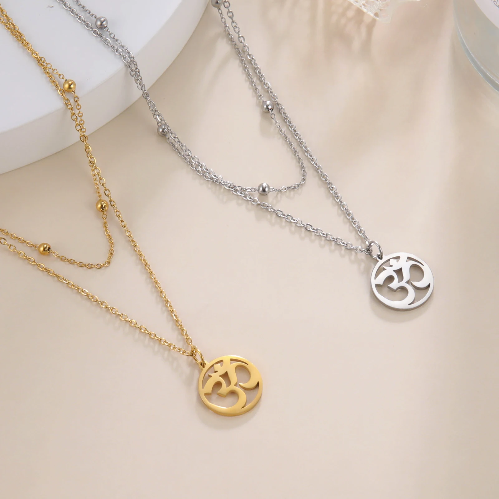 Om-Halskette Yoga Chakra Buddha-Statue Halskette Paar Edelstahl Perlenkette Doppelschicht-Halskette Amulett Schmuck Geschenk