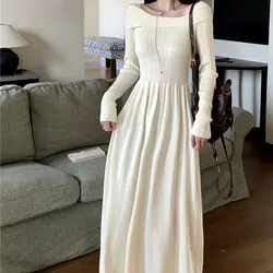 Slash Neck Elegant Long Dress Female Clothing Knitted Solid Color 2024 Autumn Basic Aura Long Sleeve Casual A-Line Waist Dresses