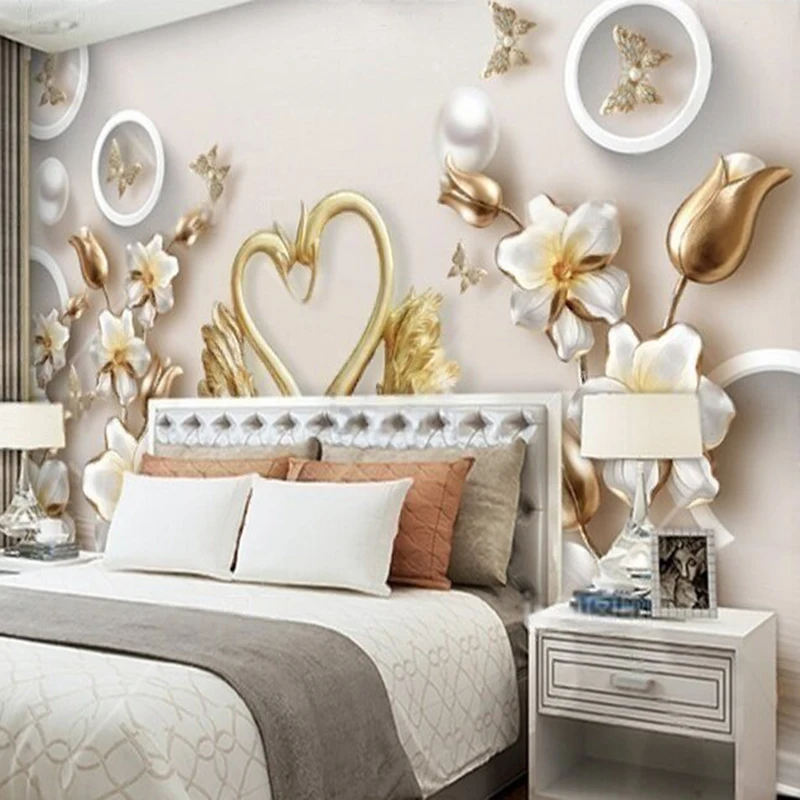 Customized 3D Textural Wall Mural Modern Swan Flower Butterfly Design Wallpaper for Living Room Bedroom Sofa Wall Decoration
