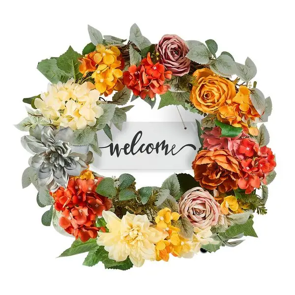 

Decorative Wreath 24 in Red Orange Yellow Hydrangeas Roses Year Round Wreath