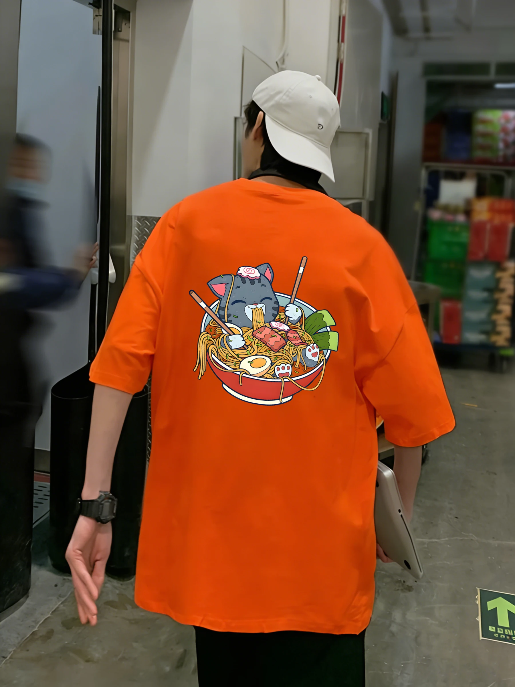 A Cat That Likes To Eat Noodles Print T-Shirts Men Colour O-Neck T Shirt Cotton Oversized Top Unisex All-Match Casual Streetwear