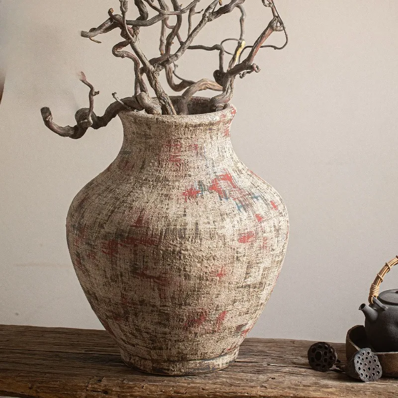 Retro and old coarse pottery ceramic big belly entrance B & B decorative ornaments flower arrangement mountain hidden vase