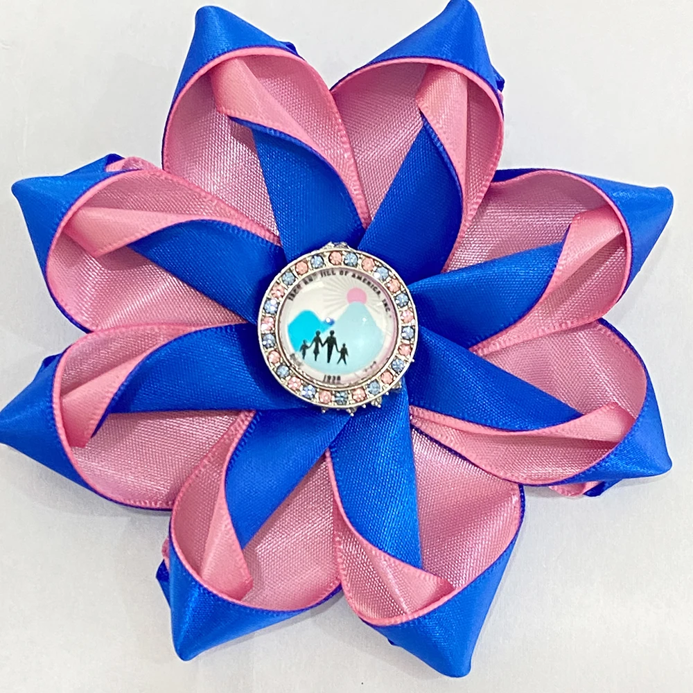 Greek logo Jack and Jill  Satin Flower brooch with diamonds glass sticker charm