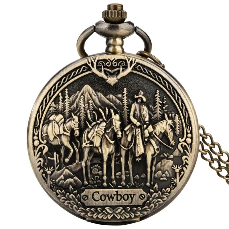 Antique Pocket Watch with Carving Western Cowboy Pattern Bronze Necklace Chain Quartz Watches To Men Women Arabic Number Clock