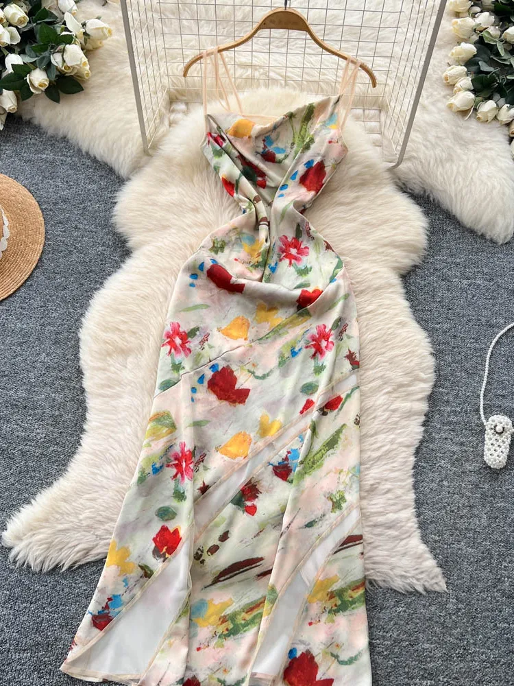 ريترو استراحة الشاي الأزهار طباعة ماكسي الدكتور المرأة تصميم تحسس تول لصق الخصر Cinchy ثوب ألف خط تنورة الصيف Faion