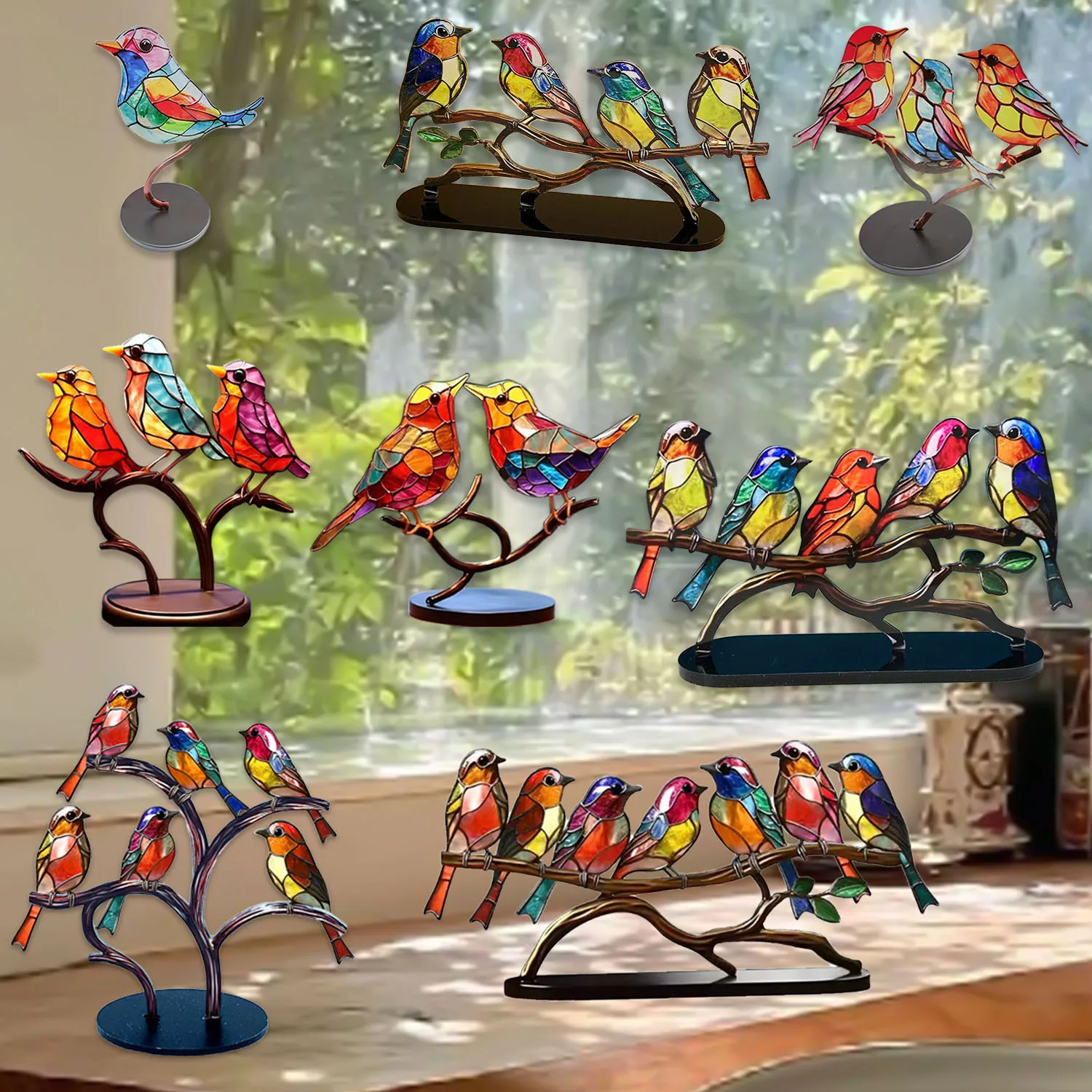 Vidrieras para el hogar, pájaros en rama, adornos de escritorio, adornos de pájaros multicolores de doble cara, decoraciones de la serie de pájaros