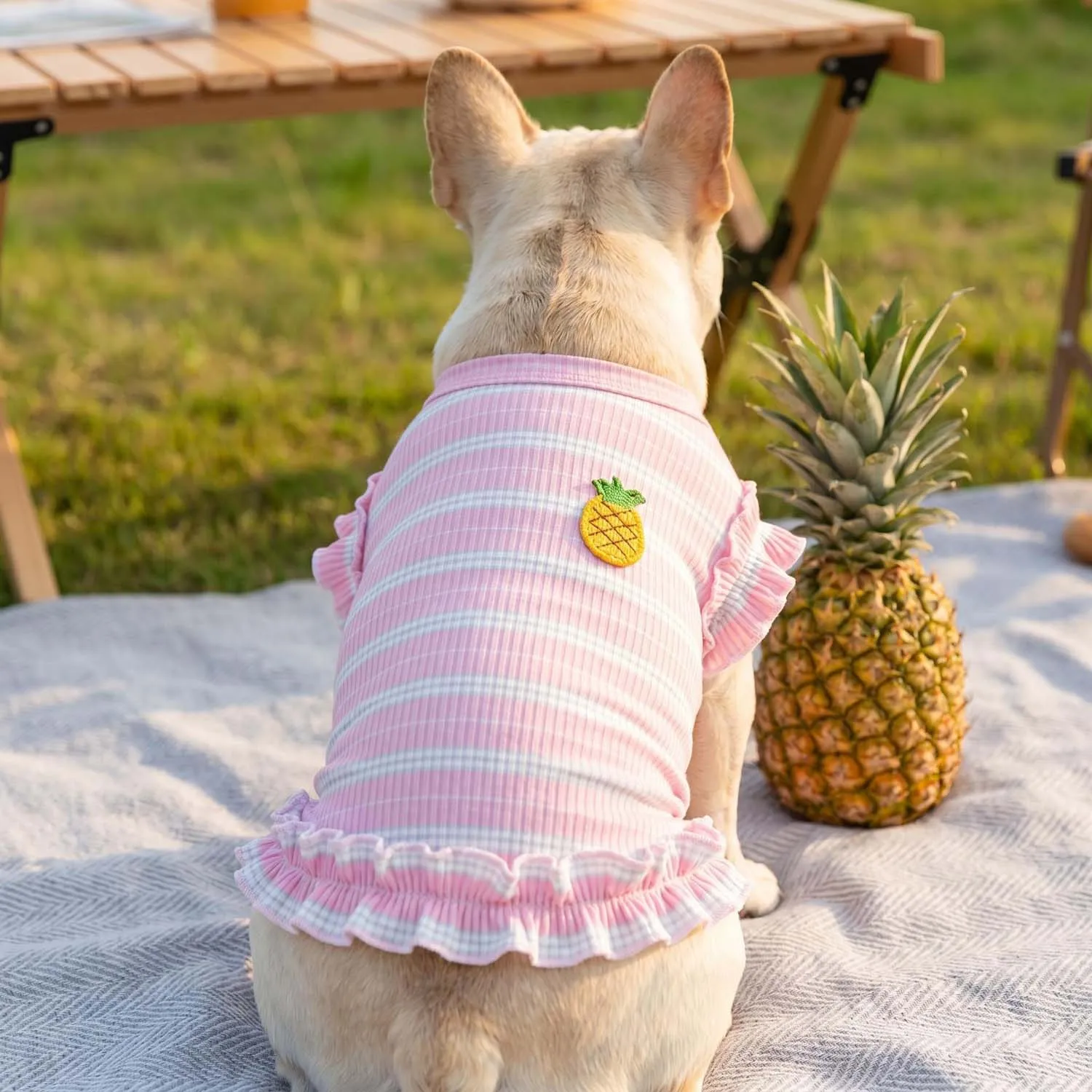 Striped Waffle Knit Dog Tank Top - Button Detail Sleeveless Pet Vest for Small Breeds