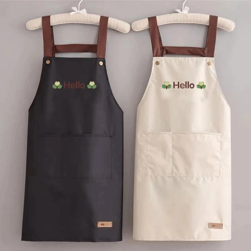 

Hello Letter Printed Waterproof Apron Kitchen Cooking Home Large Pocket Storage Baking Shoulder Aprons Hotel Specific Practical