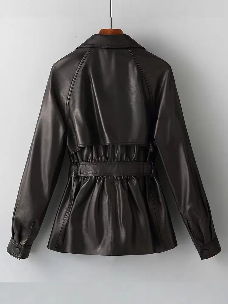 New lace-up waist  leather jacket 2025 spring and autumn medium and long jacket Korean  loose leather trench coat