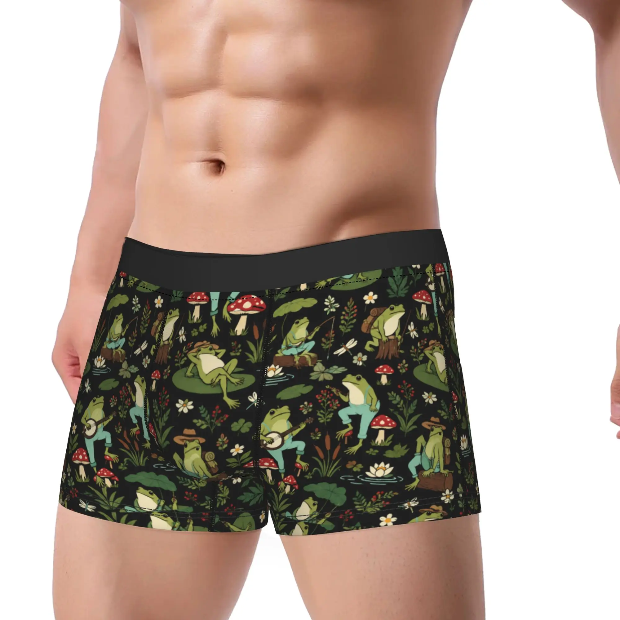 Cute Cottagecore  Frog Playing Banjo on Mushroom Boxershorts  3D Pouch Underwear Trenky Shorts Briefs Male Underpants Plus Size