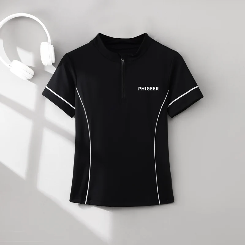 PHIGEER Active Half-Zip Sports Top Women's Gym Sportswear Short Sleeve Shirt Fitness Training Golf Tennis Running Female Clothes