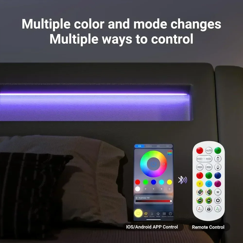 

Хит продаж: кровать-платформа Allewie Queen Size со светодиодной подсветкой и регулируемым изголовьем, без пружинного блока, простая сборка, искусственная кожа